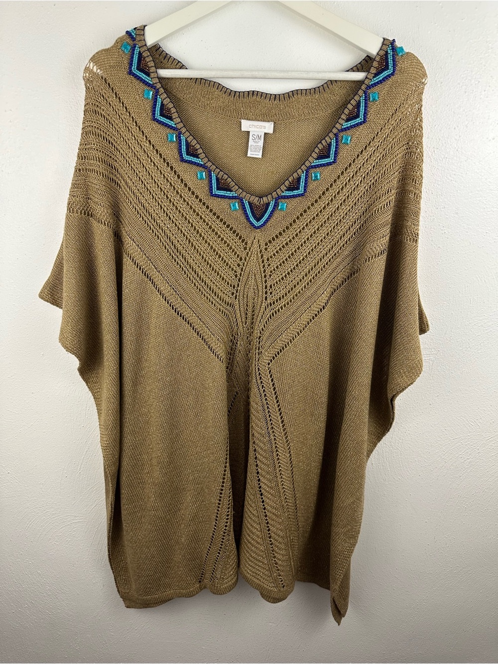 Chico's Tan Knit V-Neck Embellished Sweater Poncho -Women's Size S/M